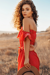 Alina Zaslavskaya Red Polka Dot Dress 4k (640x960) Resolution Wallpaper