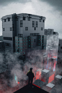 Alone Man On Dark Cyberpunk Rooftop (1280x2120) Resolution Wallpaper