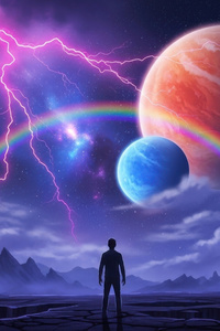 Alone Man Watching Planets With Lightning And Rainbow (480x800) Resolution Wallpaper