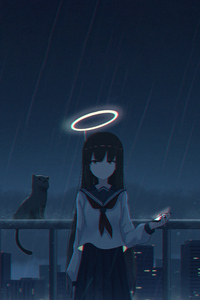 800x1280 Angel Anime Girl School Uniform Cat Rain