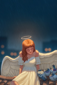 Angel Girl On Rooftop Savings Birds From Rain (480x800) Resolution Wallpaper