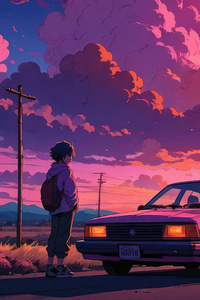 Anime Boy And His Car (2160x3840) Resolution Wallpaper