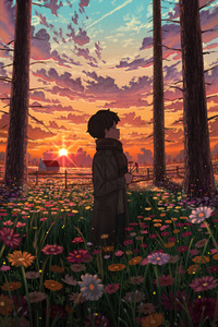 Anime Boy And The Healing Flowers (1080x2160) Resolution Wallpaper