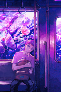 480x854 Anime Boy Sitting In Train Leaning