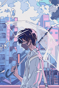 1440x2960 Anime Boy Umbrella Underwater Fantasy