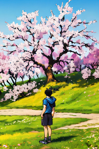 Anime Boy Under Sakura Tree (1280x2120) Resolution Wallpaper