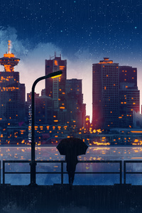 Anime City Lights Night Rain Umbrella Sky 5k