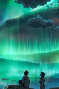 Anime Couple Looking At Aurora Sky 8k