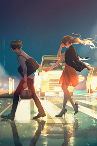 640x960 Anime Couple Passing Road