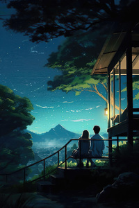 Anime Couple Sitting On Bench Looking At Landscape (1280x2120) Resolution Wallpaper