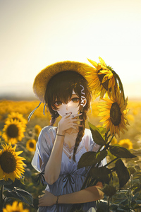 Anime Girl Among Sunflowers (320x480) Resolution Wallpaper
