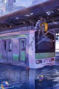 Anime Girl And Her Faithful Dog On The Train Front (320x480) Resolution Wallpaper