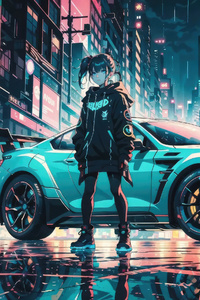 Anime Girl And Her Mercedes In The Neon Cityscape (2160x3840) Resolution Wallpaper