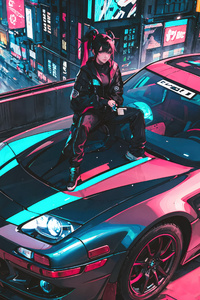 640x1136 Anime Girl And Her Ride In A Cyberpunk Wonderland