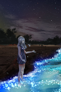 Anime Girl At Seashore Dark Moon (320x480) Resolution Wallpaper