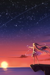 Anime Girl Barefoot Blonde Sky Stars Sunset 4k