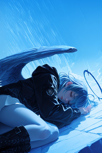 Anime Girl Blue Angel Wings Resting (360x640) Resolution Wallpaper