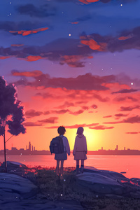 240x320 Anime Girl Boy Sunset At Lake 5k