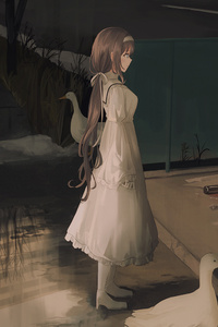 Anime Girl Brunette White Dress