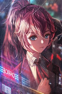 Anime Girl Bus Window Neon City 4k (320x568) Resolution Wallpaper