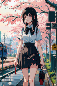 Anime Girl Cherry Blossom Train Looking Away 4k