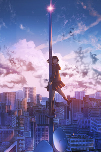 Anime Girl City Building Height 4k