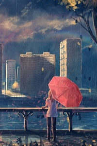 Anime Girl Cityscape Umbrella Trees