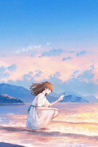 Anime Girl Evening Beach Crescent Moon (480x800) Resolution Wallpaper