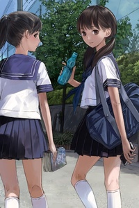 Anime Girl Going School In Uniform (240x400) Resolution Wallpaper
