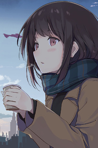 640x960 Anime Girl Holding Tea Outside