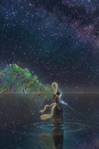 Anime Girl Horizon Night Reflection Stars (540x960) Resolution Wallpaper
