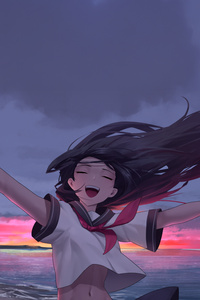 Anime Girl In Joy On Beach (640x960) Resolution Wallpaper