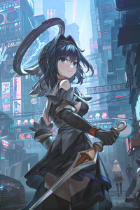 Anime Girl In Shanghai With Sword (320x568) Resolution Wallpaper