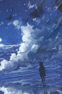 Anime Girl Night Moon Digital Art (640x1136) Resolution Wallpaper