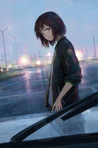 Anime Girl Passing By Looking At Car Driver (360x640) Resolution Wallpaper