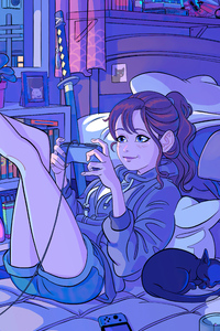 720x1280 Anime Girl Playing Games In Her Room