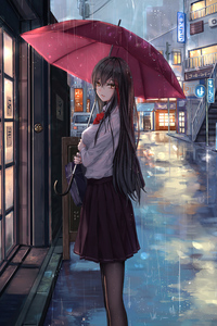 Anime Girl Rain Umbrella Looking At Viewer