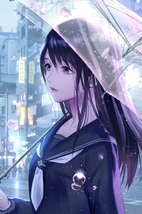 Anime Girl Rain Water Drops Umbrella (360x640) Resolution Wallpaper