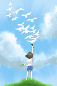 Anime Girl Releasing White Doves (1440x2560) Resolution Wallpaper