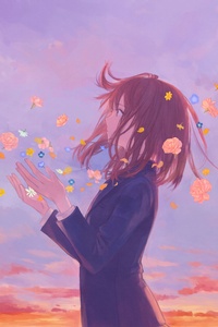 Anime Girl School Uniform Flowers Clouds 8k