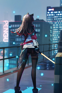 Anime Girl Scifi City Roof With Weapon