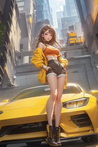 Anime Girl Shorts Open Jacket With Super Car 4k