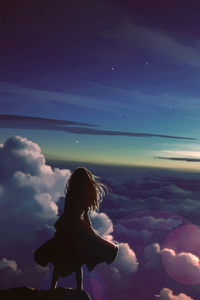 Anime Girl Silhouetted Above Clouds (320x480) Resolution Wallpaper