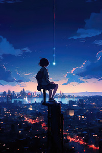 Anime Girl Sitting On The Top And Watching The City Site (320x568) Resolution Wallpaper