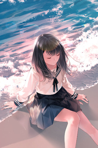 Anime Girl Sitting Waves School Uniform 4k