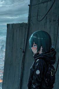 Anime Girl Soulful Stare At Cityscape (320x568) Resolution Wallpaper