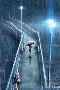Anime Girl Standing In Rain With Umbrella 5k (320x568) Resolution Wallpaper