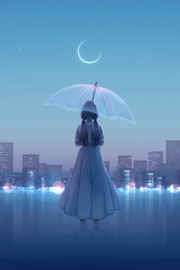 240x400 Anime Girl Umbrella City 8k