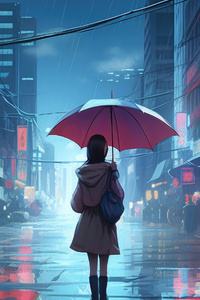 Anime Girl Walking In Rain Umbrella 5k (320x568) Resolution Wallpaper