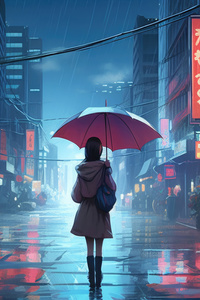 Anime Girl Walking In Rain Umbrella 5k (320x480) Resolution Wallpaper